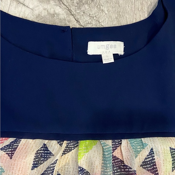 UMGEE Woman's 3/4 Sleeve Blouse Blue Multi color Sheer Top Size Large - Picture 2 of 5